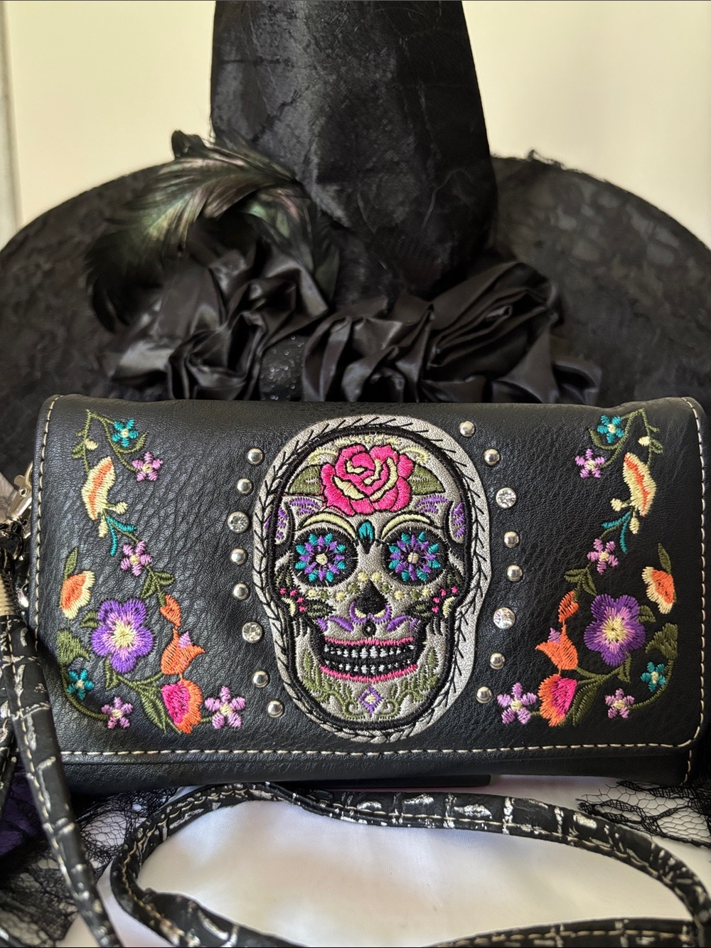 Black Embroidered Sugar Skull Crossbody or Wristlet
